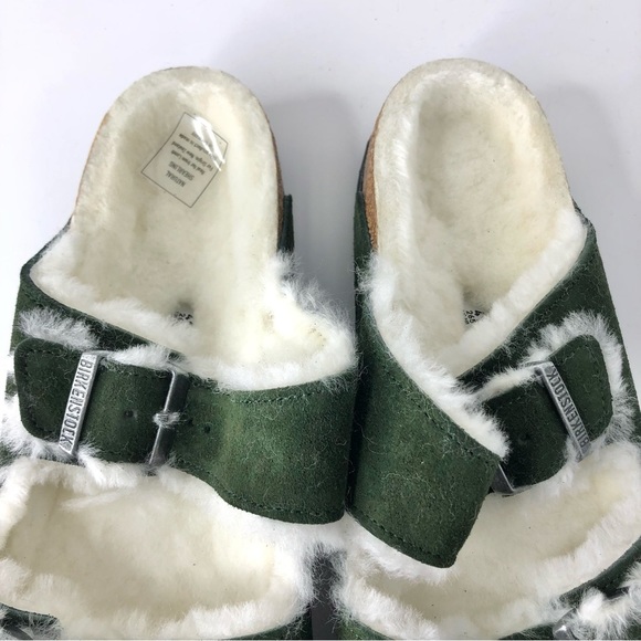 NIB Birkenstock Arizona Suede Shearling Fur Mountain View Green Sandals Shoes - Picture 6 of 11